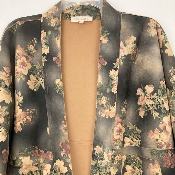 Solitaire Brown Faux Suede Floral Open Front Jacket Size M Duster Kimono - Picture 3 of 9